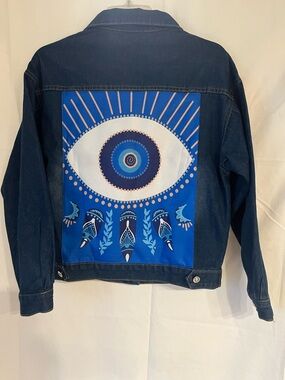 Dark Blue Denim Jacket with Blue Eye Graphic
